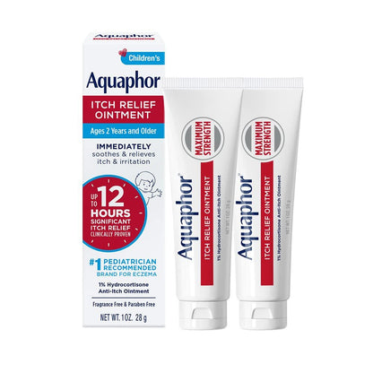 Aquaphor Kinder Juckreiz Lindernde Salbe, 1% Hydrocortison Anti-Juckreiz Salbe bei Hautirritationen, Insektenstichen, Schuppenflechte, Hautausschlägen, Ekzemen & Giftefeu, Duftfrei, 1 Oz Tube, 2er-Pack