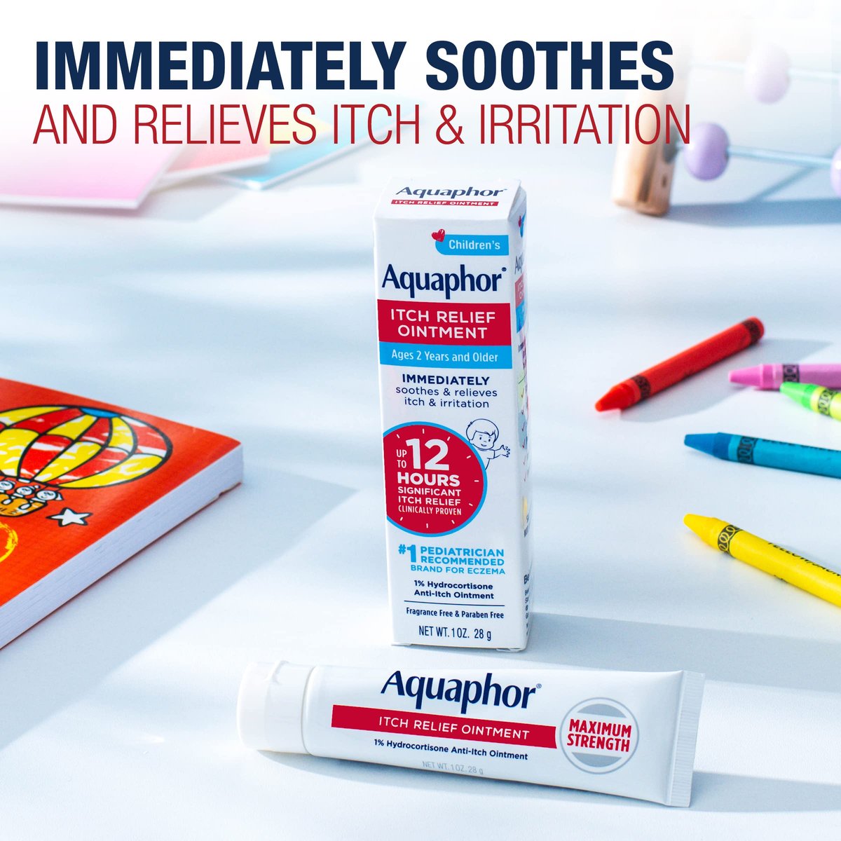 Aquaphor Kinder Juckreiz Lindernde Salbe, 1% Hydrocortison Anti-Juckreiz Salbe bei Hautirritationen, Insektenstichen, Schuppenflechte, Hautausschlägen, Ekzemen & Giftefeu, Duftfrei, 1 Oz Tube, 2er-Pack