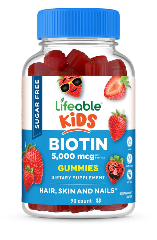 Lifeable Zuckerfreie Biotin Gummis für Kinder | 5000 mcg | Leckerer Geschmack | Haarvitamine für Kinder, Jungen, Mädchen | 90 Gummis
