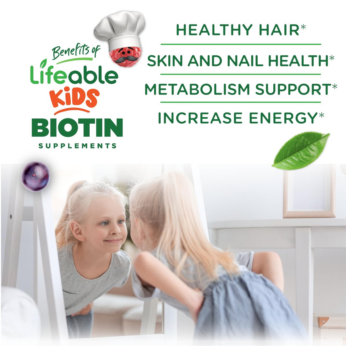 Lifeable Zuckerfreie Biotin Gummis für Kinder | 5000 mcg | Leckerer Geschmack | Haarvitamine für Kinder, Jungen, Mädchen | 90 Gummis