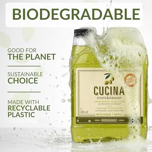 Cucina Fruits & Passion Handseife Nachfüllpack – Koriander & Olivenbaum – 1 Liter – Mit Olivenöl angereicherte Küchenseife – Biologisch abbaubar – Vegan – Hergestellt in Kanada