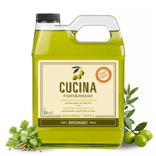 Cucina Fruits & Passion Handseife Nachfüllpack – Koriander & Olivenbaum – 1 Liter – Mit Olivenöl angereicherte Küchenseife – Biologisch abbaubar – Vegan – Hergestellt in Kanada