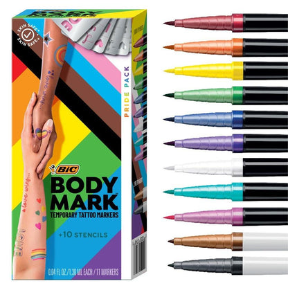 BIC BodyMark Temporäre Tattoo-Marker für die Haut, Pride Pack, flexibler Pinselstrich, 11er-Packung in verschiedenen Farben, hautsicher, kosmetische Qualität, einzigartige Geschenke