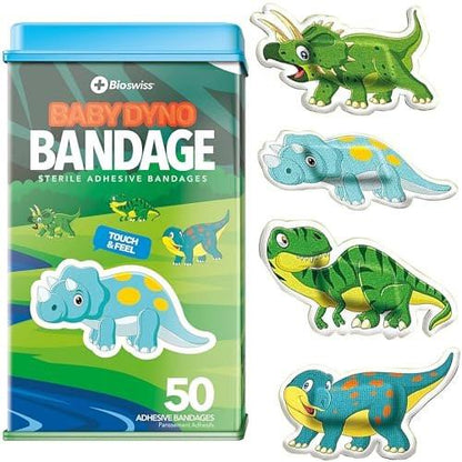BioSwiss Dino-Pflasterset – 50 selbstklebende, sterile Wundpflaster in Dino-Form, latexfrei