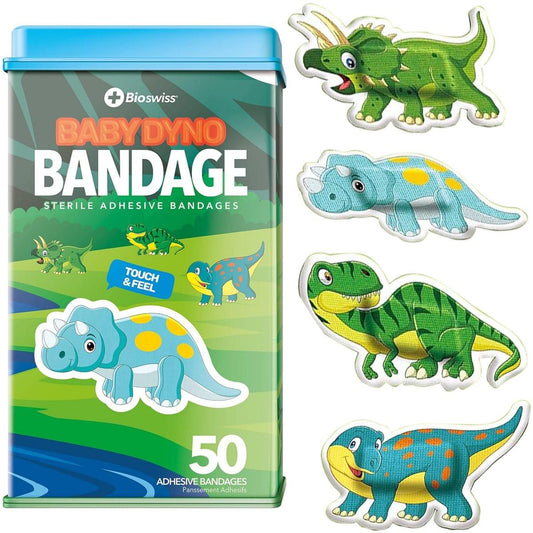 BioSwiss Dino-Pflasterset – 50 selbstklebende, sterile Wundpflaster in Dino-Form, latexfrei
