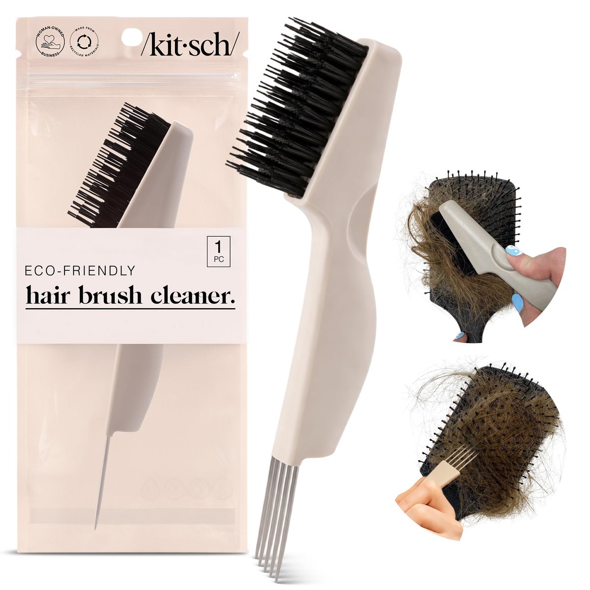 Kitsch Bürstenreiniger für Haarbürsten | Doppelseitiges 2-in-1 Reinigungswerkzeug für Haarbürsten und Kämme | Umweltfreundlicher Reiniger mit Pick und Borsten, Perfektes Geschenk für Frauen | Friseur-Essentials