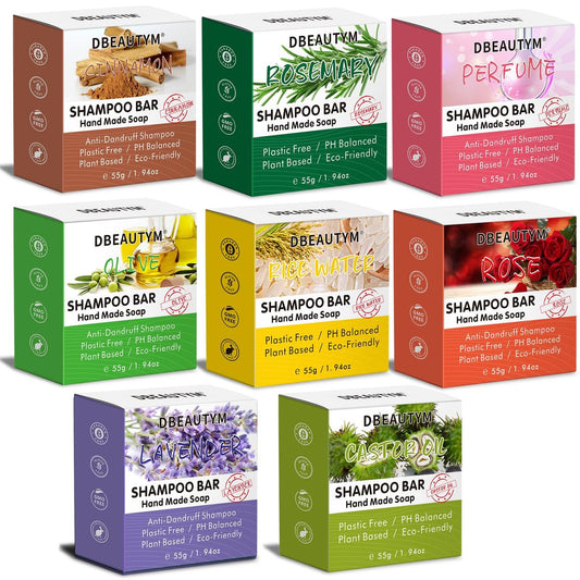 DBEAUTYM 8er-Pack Shampoo-Bar-Geschenkset – Natürliche Seife für trockenes, geschädigtes Haar mit Pflanzenextraktölen – Stoppt Haarausfall und fördert gesundes Wachstum – Reisegröße Bulk-Set