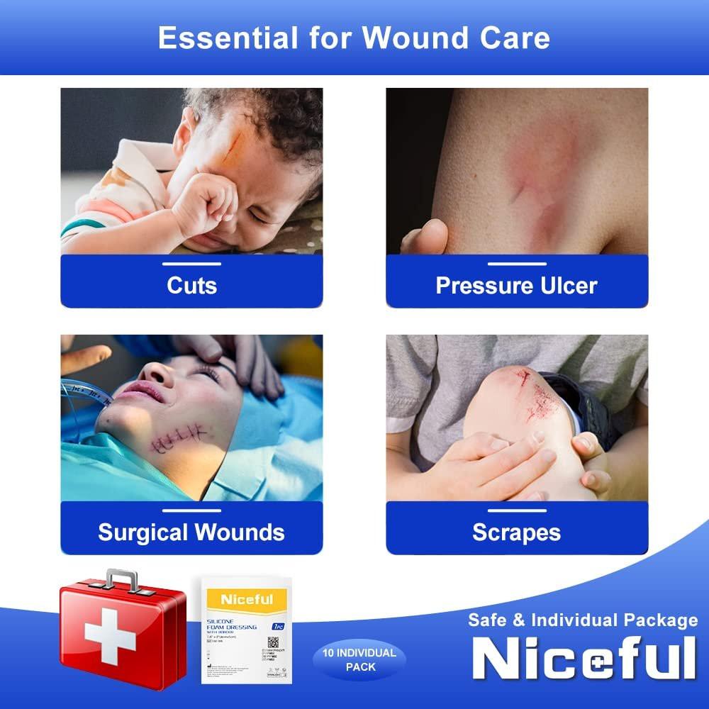 Niceful 10er-Pack Silikon-Schaumstoff-Wundauflage 4x5 cm, Saugfähige Wundverbände für empfindliche Haut, Kleine Wundauflagen für Dekubitus, Schürfwunden und kleinere chirurgische Wunden