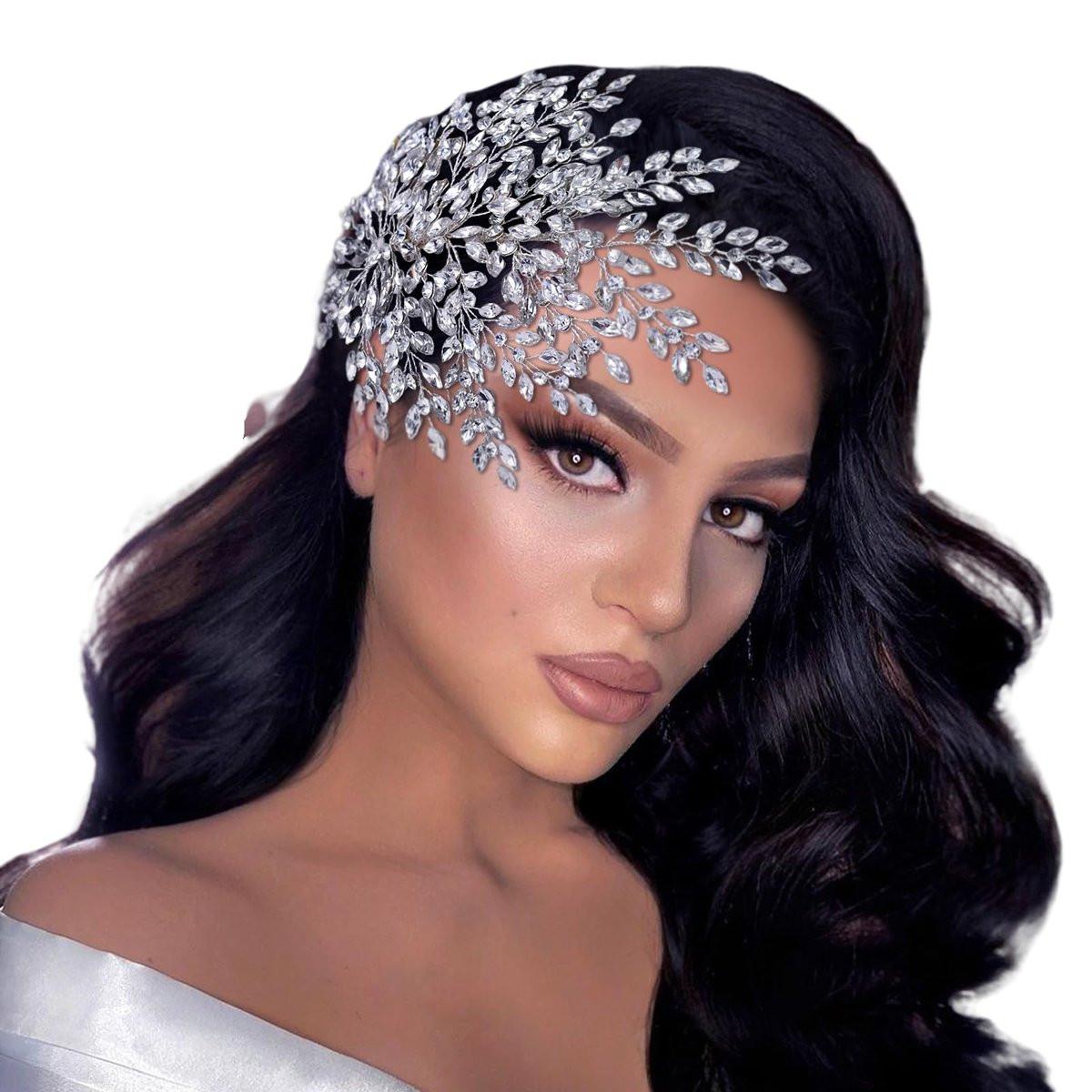 TRiXY Braut Stirnband mit Kristallen – Haarreif für Hochzeit, Brautjungfern, Party – Silber