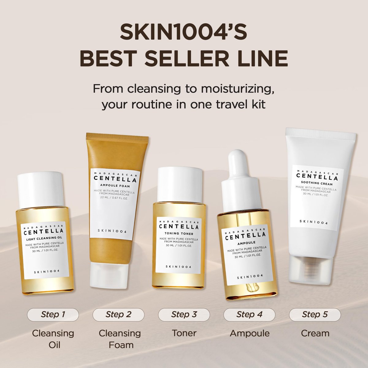 SKIN1004 Centella Travel Kit – Koreanisches Hautpflege-Set mit Toner, Feuchtigkeitscreme, Serum, Reinigungsöl & Reiniger, Reisegröße mit Madagaskar Centella, perfekt für empfindliche Haut, Reisebeauty & Geschenke