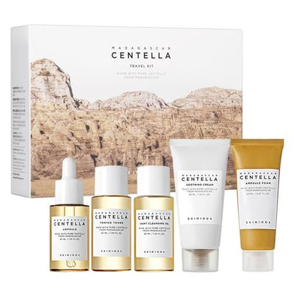 SKIN1004 Centella Travel Kit – Koreanisches Hautpflege-Set mit Toner, Feuchtigkeitscreme, Serum, Reinigungsöl & Reiniger, Reisegröße mit Madagaskar Centella, perfekt für empfindliche Haut, Reisebeauty & Geschenke