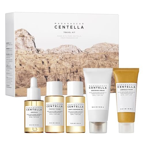 SKIN1004 Centella Travel Kit – Koreanisches Hautpflege-Set mit Toner, Feuchtigkeitscreme, Serum, Reinigungsöl & Reiniger, Reisegröße mit Madagaskar Centella, perfekt für empfindliche Haut, Reisebeauty & Geschenke