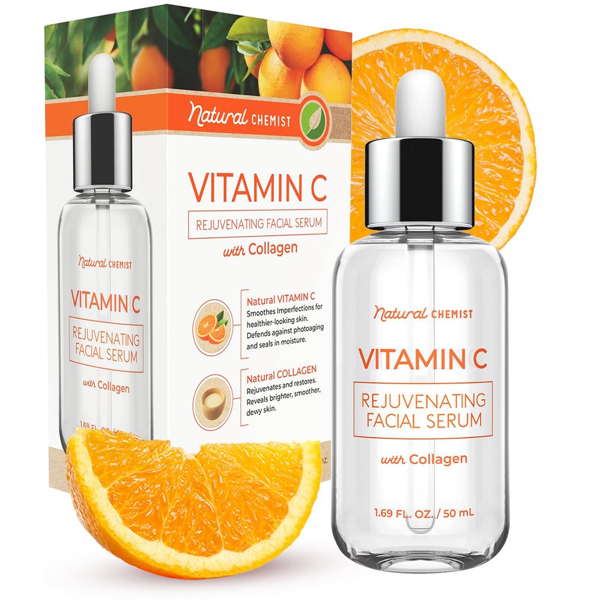 Natural Chemist Vitamin C Serum mit Kollagen – Dermatologisch getestet, hautaufhellend, Anti-Aging, Aknebehandlung, verblasst dunkle Flecken, tierversuchsfreie koreanische Hautpflege für alle Hauttypen – 1,69 oz