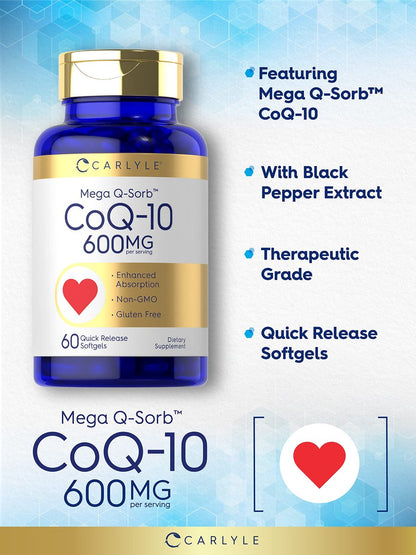 Carlyle CoQ10 600 mg Weichkapseln | 60 Stück | Mega Q-Sorb Coenzym Q-10 | mit schwarzem Pfeffer Extrakt | Nicht-GVO & glutenfrei Nahrungsergänzungsmittel
