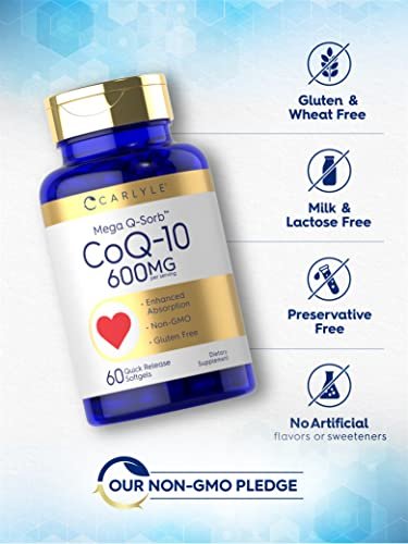 Carlyle CoQ10 600 mg Weichkapseln | 60 Stück | Mega Q-Sorb Coenzym Q-10 | mit schwarzem Pfeffer Extrakt | Nicht-GVO & glutenfrei Nahrungsergänzungsmittel