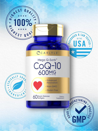 Carlyle CoQ10 600 mg Weichkapseln | 60 Stück | Mega Q-Sorb Coenzym Q-10 | mit schwarzem Pfeffer Extrakt | Nicht-GVO & glutenfrei Nahrungsergänzungsmittel