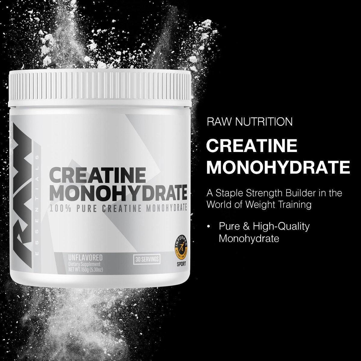 RAW Nutrition Kreatin Monohydrat Pulver, ungesüßt (30 Portionen) - Mikronisiertes Kreatin Monohydrat für Trainingsleistung, Muskelaufbau & Kraft - Kreatinpulver für Männer & Frauen