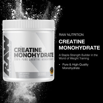 RAW Nutrition Kreatin Monohydrat Pulver, ungesüßt (30 Portionen) - Mikronisiertes Kreatin Monohydrat für Trainingsleistung, Muskelaufbau & Kraft - Kreatinpulver für Männer & Frauen