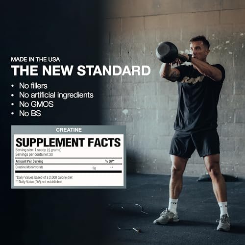 RAW Nutrition Kreatin Monohydrat Pulver, ungesüßt (30 Portionen) - Mikronisiertes Kreatin Monohydrat für Trainingsleistung, Muskelaufbau & Kraft - Kreatinpulver für Männer & Frauen