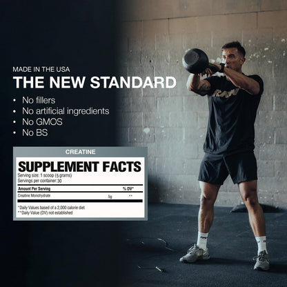 RAW Nutrition Kreatin Monohydrat Pulver, ungesüßt (30 Portionen) - Mikronisiertes Kreatin Monohydrat für Trainingsleistung, Muskelaufbau & Kraft - Kreatinpulver für Männer & Frauen