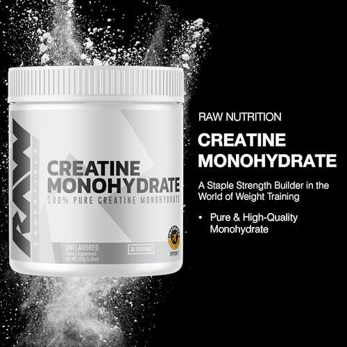 RAW Nutrition Kreatin Monohydrat Pulver, ungesüßt (30 Portionen) - Mikronisiertes Kreatin Monohydrat für Trainingsleistung, Muskelaufbau & Kraft - Kreatinpulver für Männer & Frauen