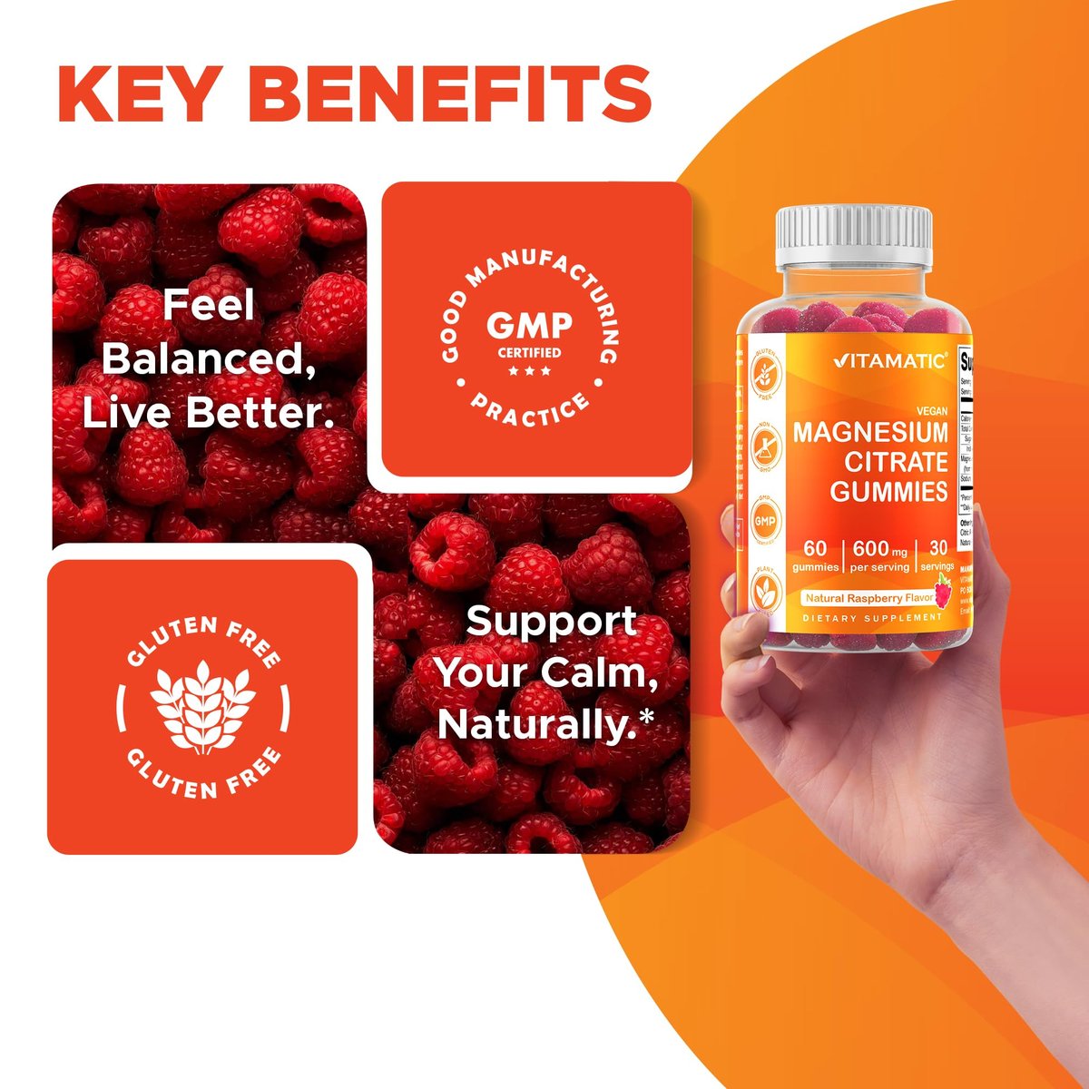 Vitamatic Magnesiumcitrat Gummies 600 mg pro Portion – 60 Stück – Fördert gesunde Entspannung, Muskel-, Knochen- und Energieunterstützung (Packung mit 2)