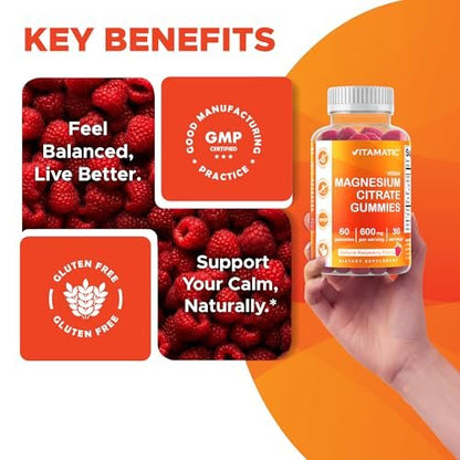 Vitamatic Magnesiumcitrat Gummies 600 mg pro Portion – 60 Stück – Fördert gesunde Entspannung, Muskel-, Knochen- und Energieunterstützung (Packung mit 2)