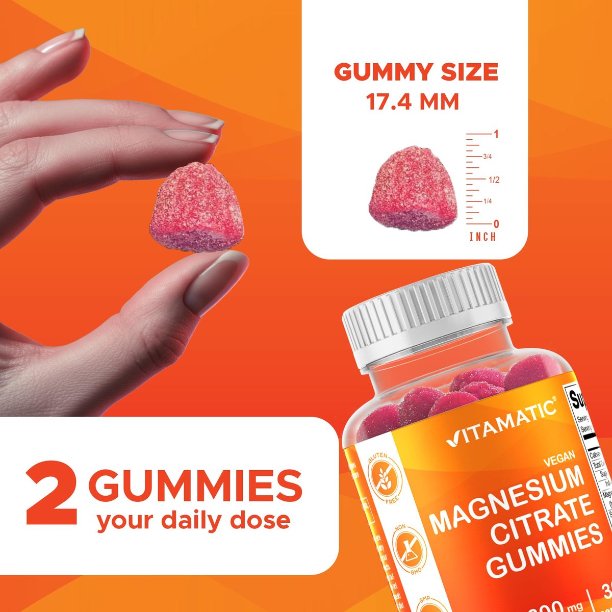 Vitamatic Magnesiumcitrat Gummies 600 mg pro Portion – 60 Stück – Fördert gesunde Entspannung, Muskel-, Knochen- und Energieunterstützung (Packung mit 2)