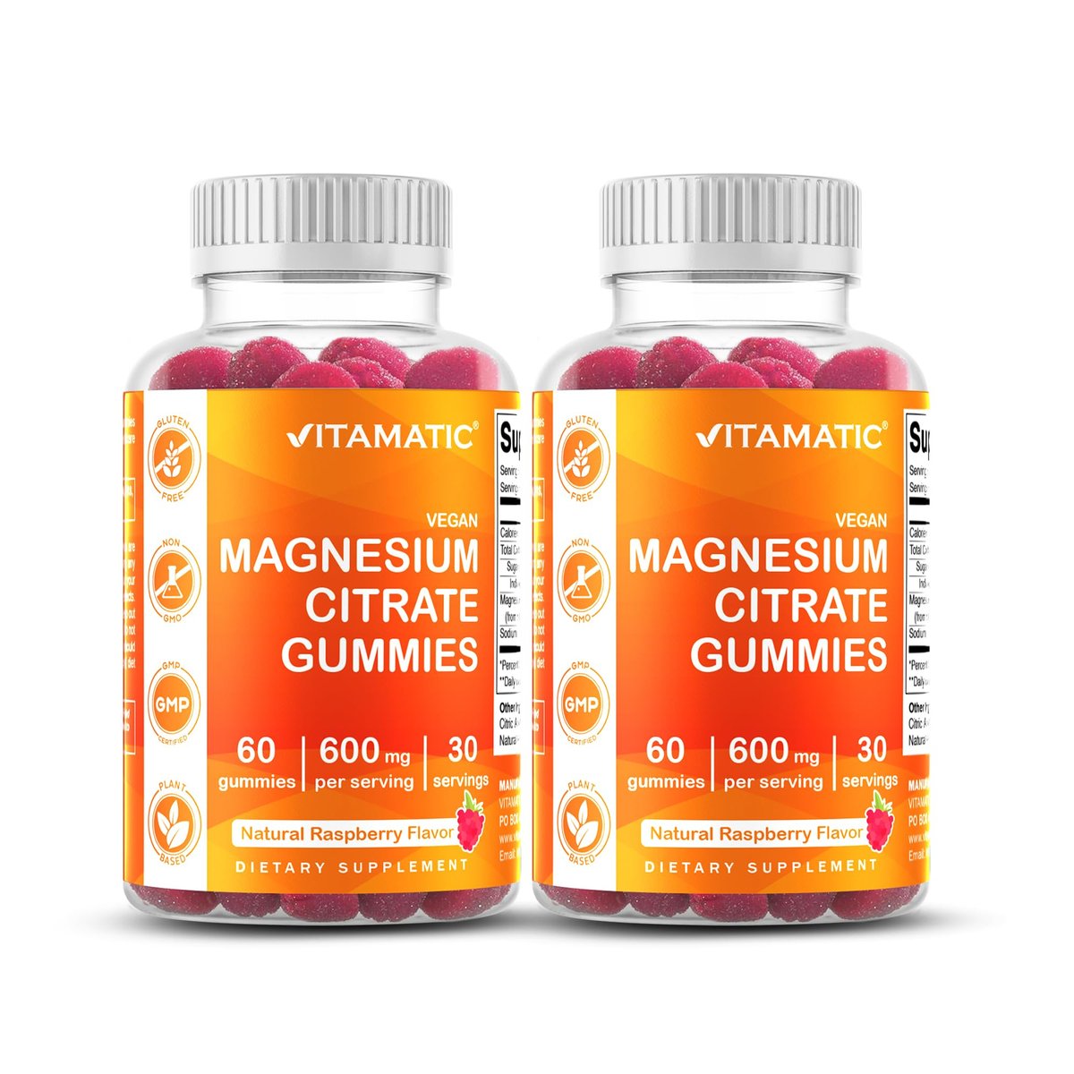 Vitamatic Magnesiumcitrat Gummies 600 mg pro Portion – 60 Stück – Fördert gesunde Entspannung, Muskel-, Knochen- und Energieunterstützung (Packung mit 2)