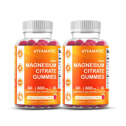 Vitamatic Magnesiumcitrat Gummies 600 mg pro Portion – 60 Stück – Fördert gesunde Entspannung, Muskel-, Knochen- und Energieunterstützung (Packung mit 2)