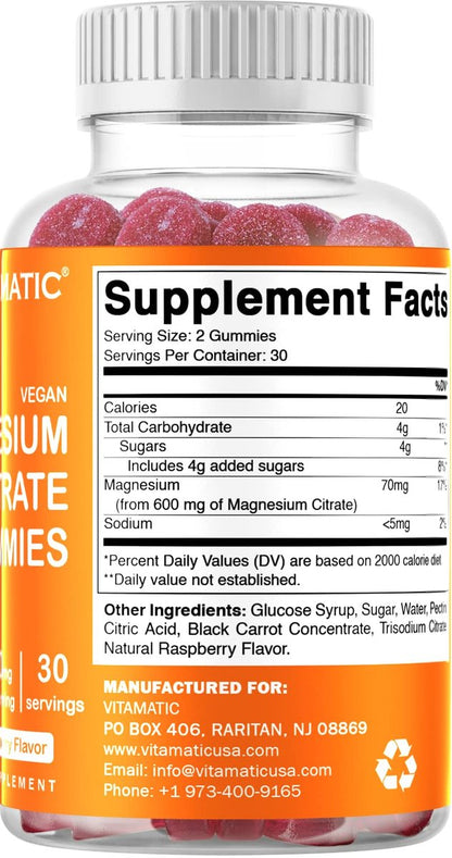 Vitamatic Magnesiumcitrat Gummies 600 mg pro Portion – 60 Stück – Fördert gesunde Entspannung, Muskel-, Knochen- und Energieunterstützung (Packung mit 2)