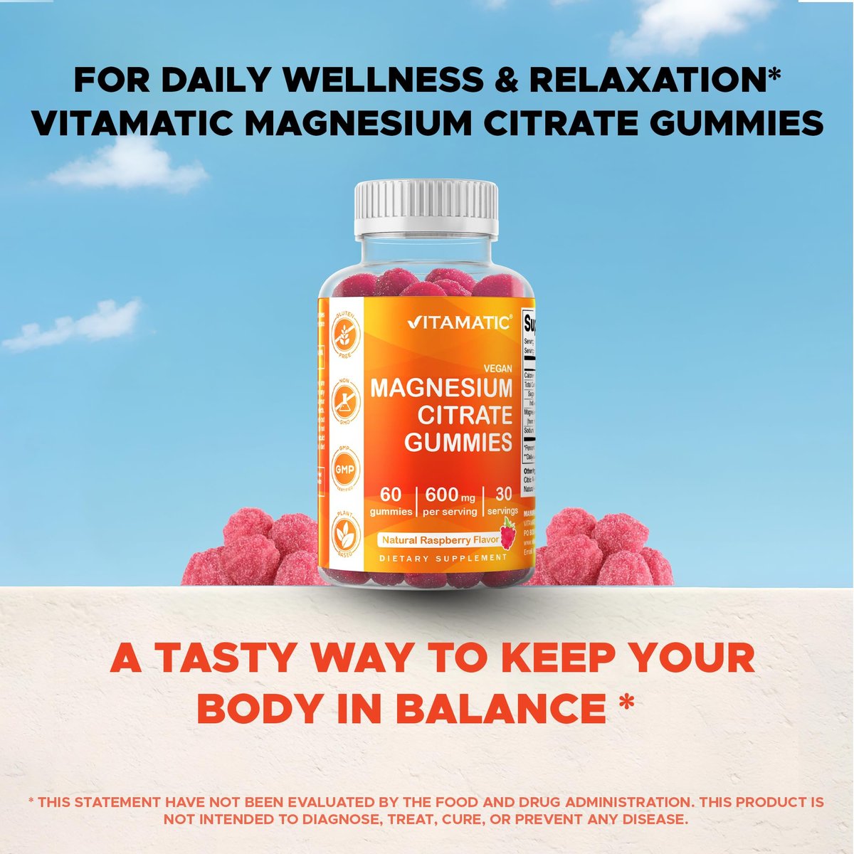 Vitamatic Magnesiumcitrat Gummies 600 mg pro Portion – 60 Stück – Fördert gesunde Entspannung, Muskel-, Knochen- und Energieunterstützung (Packung mit 2)