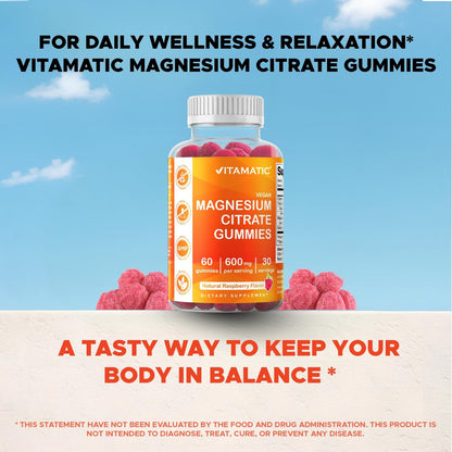 Vitamatic Magnesiumcitrat Gummies 600 mg pro Portion – 60 Stück – Fördert gesunde Entspannung, Muskel-, Knochen- und Energieunterstützung (Packung mit 2)