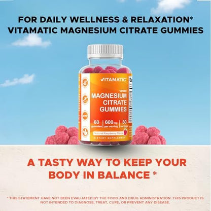 Vitamatic Magnesiumcitrat Gummies 600 mg pro Portion – 60 Stück – Fördert gesunde Entspannung, Muskel-, Knochen- und Energieunterstützung (Packung mit 2)