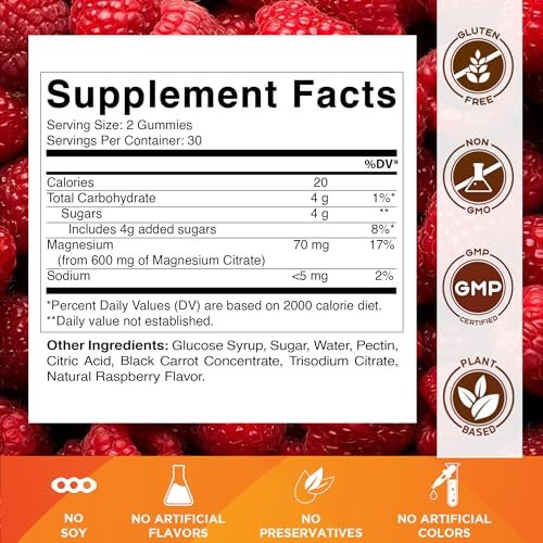 Vitamatic Magnesiumcitrat Gummies 600 mg pro Portion – 60 Stück – Fördert gesunde Entspannung, Muskel-, Knochen- und Energieunterstützung (Packung mit 2)