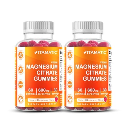 Vitamatic Magnesiumcitrat Gummies 600 mg pro Portion – 60 Stück – Fördert gesunde Entspannung, Muskel-, Knochen- und Energieunterstützung (Packung mit 2)