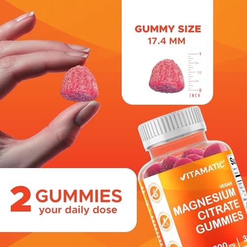 Vitamatic Magnesiumcitrat Gummies 600 mg pro Portion – 60 Stück – Fördert gesunde Entspannung, Muskel-, Knochen- und Energieunterstützung (Packung mit 2)
