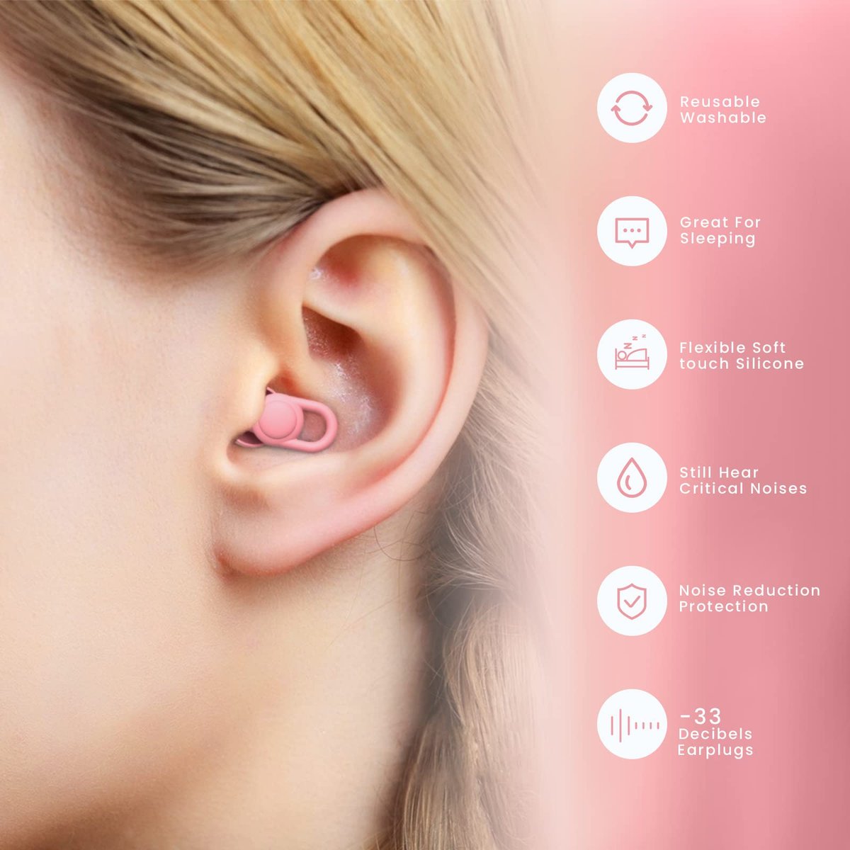 OEDOC Silikon Ohrstöpsel Wiederverwendbar – 16 Stück in XS/S/M/L mit 2 Reiseboxen – 33dB Lärmreduzierung für Schlafen, Reisen & Lärmempfindlichkeit (Pink)