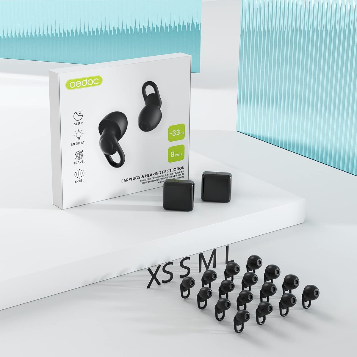 OEDOC Silikon Ohrstöpsel zur Geräuschreduzierung - Wiederverwendbare weiche Ohrstöpsel für Schlaf, Lärmempfindlichkeit & Flüge - 16 Ohrstöpsel in XS/S/M/L, mit 2 Reiseboxen - 33dB Geräuschunterdrückung (Schwarz)