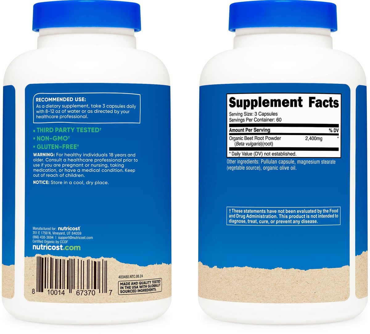 Nutricost Bio Rote Bete Pulver 2400 mg, 180 Kapseln – CCOF-zertifiziert aus biologischem Anbau, Superfood, 60 Portionen