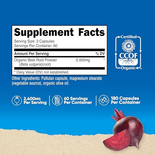 Nutricost Bio Rote Bete Pulver 2400 mg, 180 Kapseln – CCOF-zertifiziert aus biologischem Anbau, Superfood, 60 Portionen