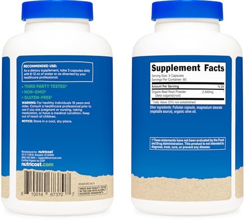 Nutricost Bio Rote Bete Pulver 2400 mg, 180 Kapseln – CCOF-zertifiziert aus biologischem Anbau, Superfood, 60 Portionen