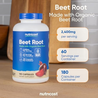 Nutricost Bio Rote Bete Pulver 2400 mg, 180 Kapseln – CCOF-zertifiziert aus biologischem Anbau, Superfood, 60 Portionen