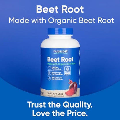 Nutricost Bio Rote Bete Pulver 2400 mg, 180 Kapseln – CCOF-zertifiziert aus biologischem Anbau, Superfood, 60 Portionen