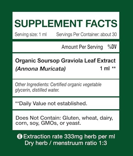 Bio Soursop Graviola Blattextrakt Tropfen | Soursop Bitters flüssig | GMP-zertifiziert | Vegan, Non-GMO, Glutenfrei | Immununterstützung | 30 ml