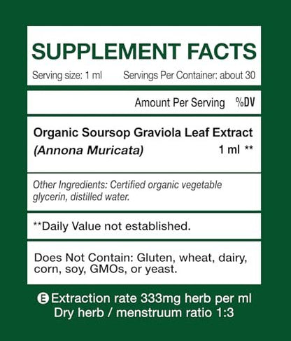 Bio Soursop Graviola Blattextrakt Tropfen | Soursop Bitters flüssig | GMP-zertifiziert | Vegan, Non-GMO, Glutenfrei | Immununterstützung | 30 ml