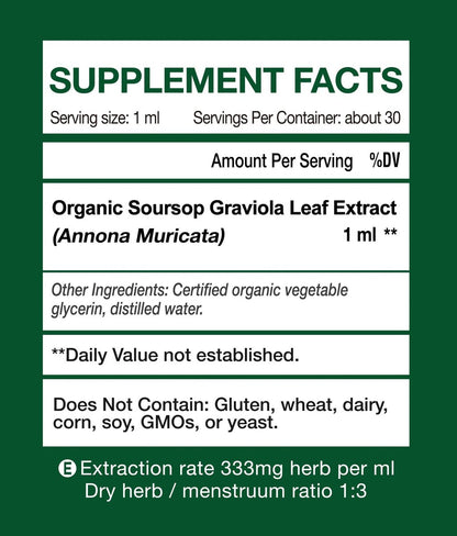 Bio Soursop Graviola Blattextrakt Tropfen | Soursop Bitters flüssig | GMP-zertifiziert | Vegan, Non-GMO, Glutenfrei | Immununterstützung | 30 ml