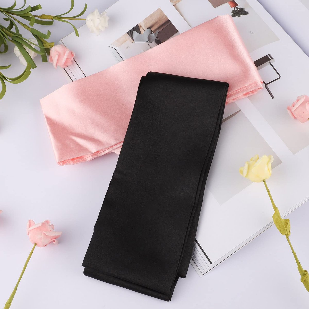 2er-Pack Satin Schlafmasken, verstellbares Schlaf-Overlay, weiche Satin-Augenabdeckung für Reisen, Nickerchen, Meditation, 157 cm (Schwarz + Pink)
