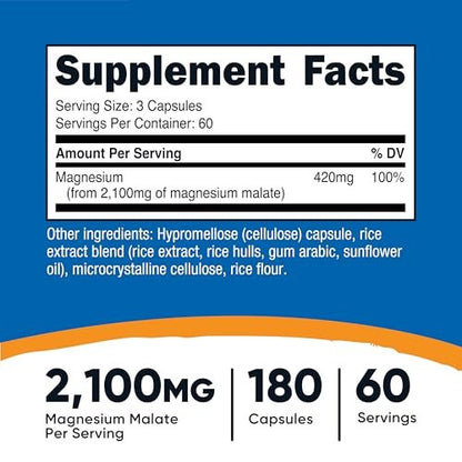 Nutricost Magnesium Malat 2.100 mg, 180 Kapseln – Vegetarisch, Nicht-GVO, Glutenfrei