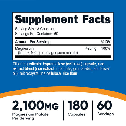 Nutricost Magnesium Malat 2.100 mg, 180 Kapseln – Vegetarisch, Nicht-GVO, Glutenfrei